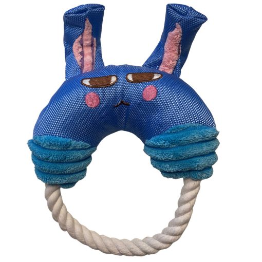 PrincePet kék morgós nyuszi alakú kutyajáték kötéllel, csipogó hanggal